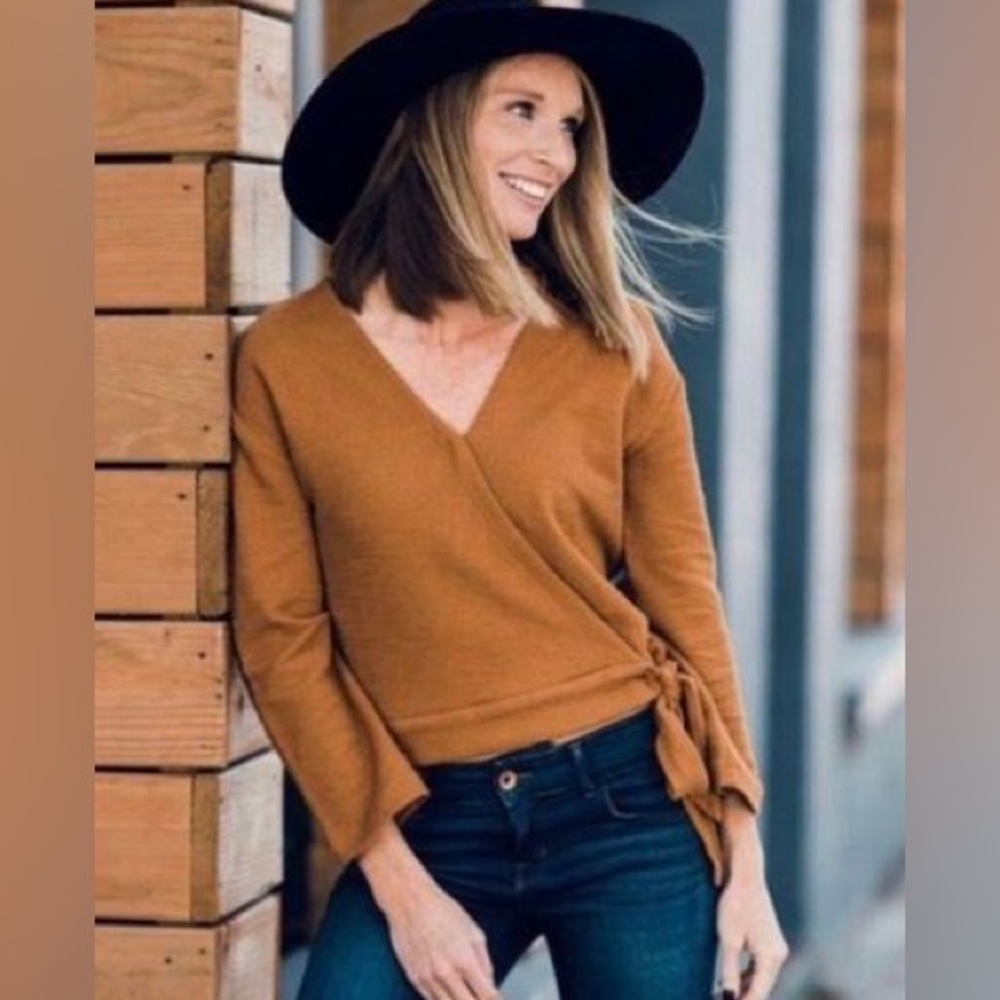 Madewell Texture & Thread Terra Cotta Brown Long Sleeve Wrap Side Tie Top Shirt